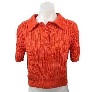 ILLA ILLA Women's Orange Chunky Knit Button collar Crop Polo Sweater Top Size S